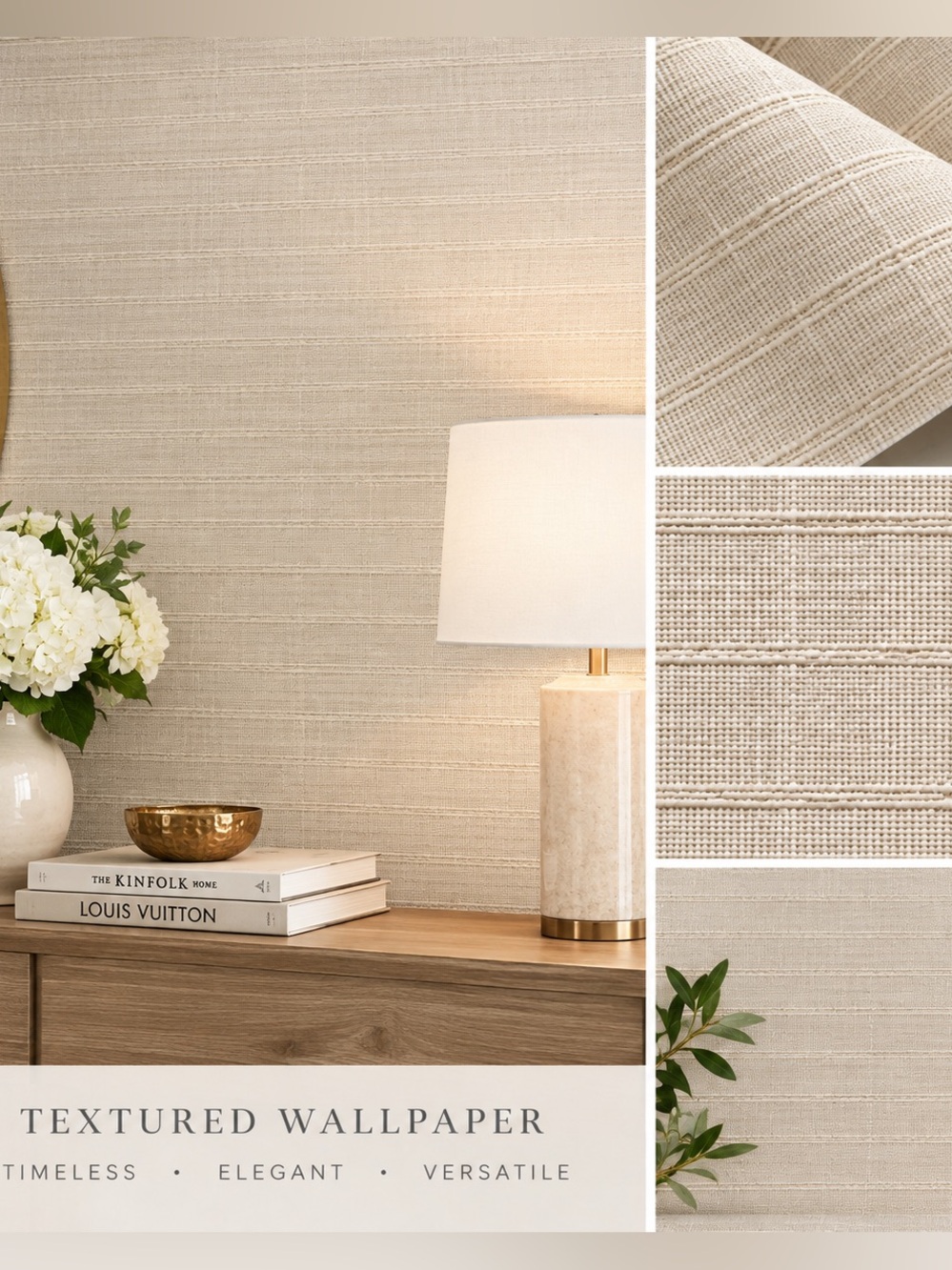 Momentum Linen Cream Textured Wallpaper - Subtle Horizontal Stripe L=131”   W=54